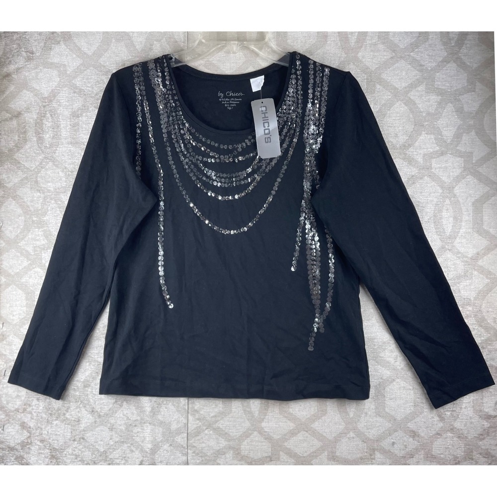 Chico's Salsa Sequin Necklace Top Women 1 M Black NWT Long Sleeve Cotton Stretch